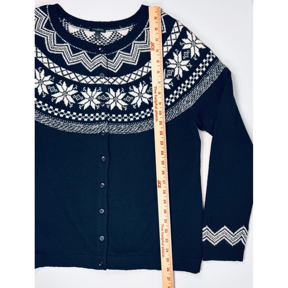Talbots Cardigan Sweater Womens Large Black White Fair Isle Nordic Button Front‎